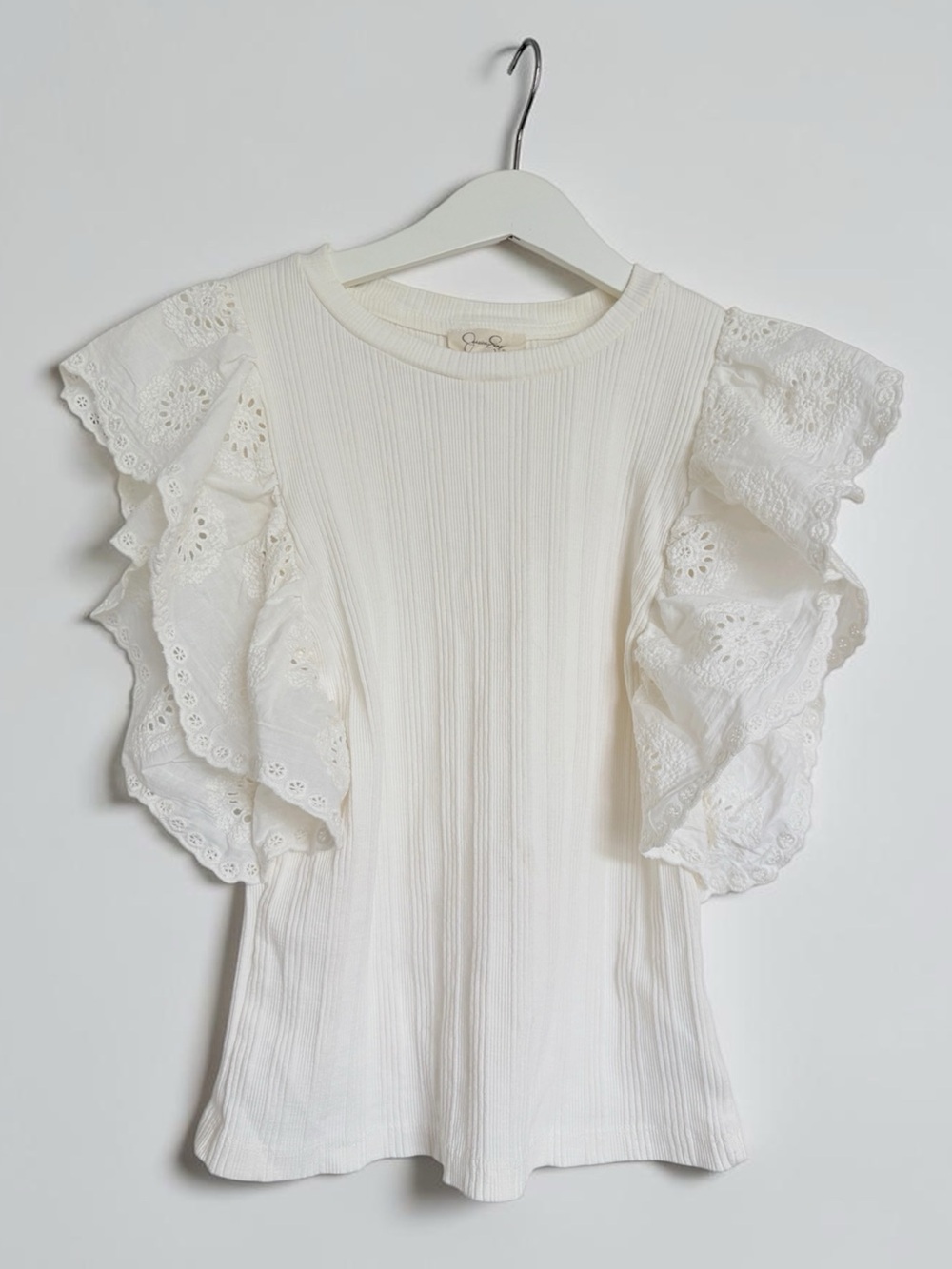 Jessica Simpson Girls White Ribbed Eyelet Flutter Sleeve Top Size 12